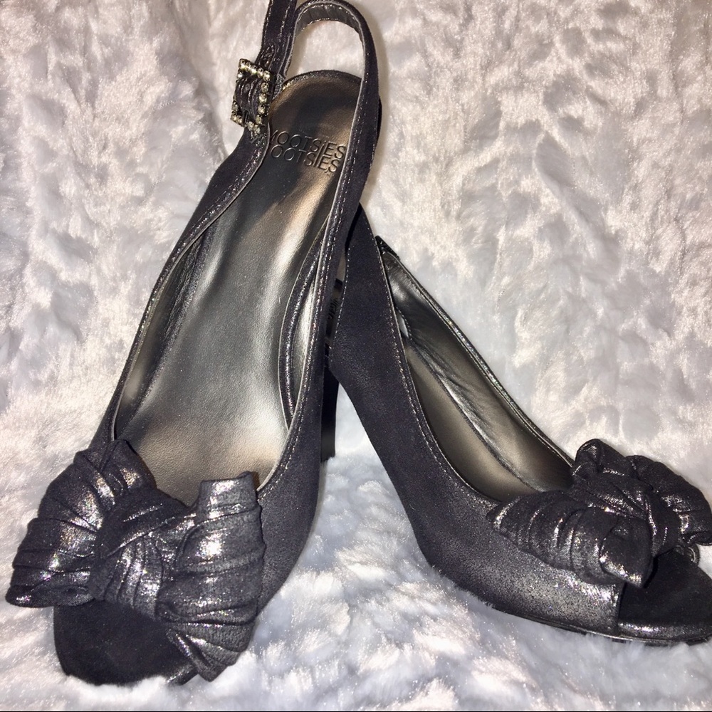 MOOTSIES TOOTSIES PEWTER SHIMMER PEEP TOE BOW SLINGBACK